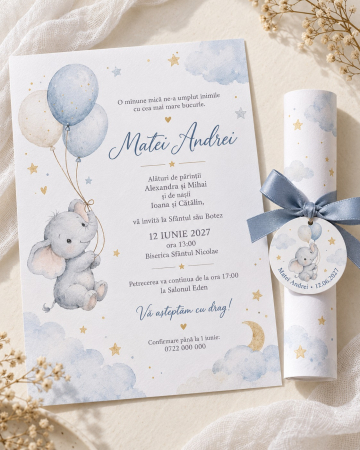 Invitatii botez - Invitatie de botez tip pergament cu elefantel si baloane