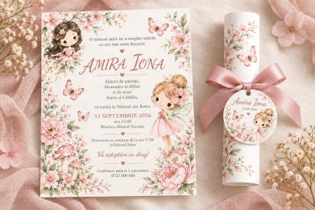 Invitatii botez - Invitatie de botez tip pergament cu zane, fluturi si flori roz