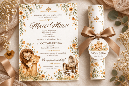 Invitatii botez - Invitatie de botez tip pergament cu familia de lei si flori