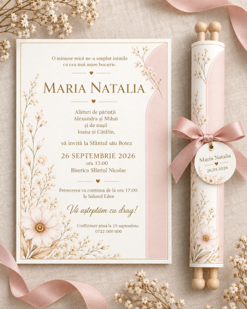 Invitatii botez - Invitatie de botez tip pergament cu flori roz si accente aurii