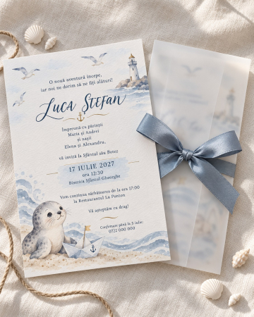 Invitatii botez - Invitatie de botez cu foca si tema marina