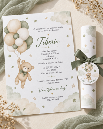 Invitatii botez - Invitatie de botez tip pergament cu ursulet si baloane