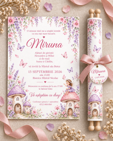 Invitatii botez - Invitatie de botez tip pergament cu zana, fluturi si casute cu ciupercute