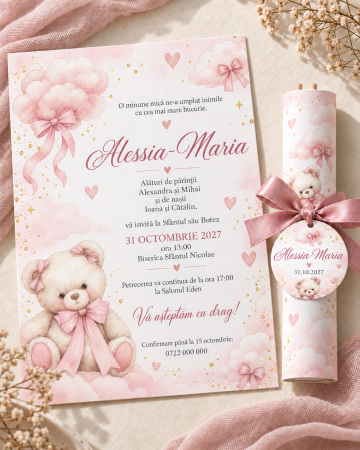 Invitatii botez - Invitatie de botez tip pergament cu ursulet si norisori roz