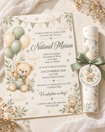 Invitatii botez - Invitatie de botez tip pergament cu ursulet si baloane verde salvie