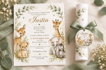 Invitatii botez - Invitatie de botez tip pergament cu animale safari