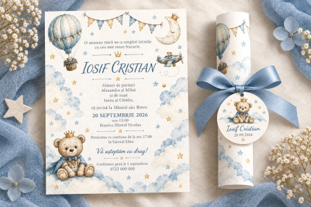 Invitatii botez - Invitatie de botez tip pergament cu ursulet print si balon cu aer cald