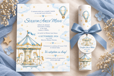 Invitatii botez - Invitatie de botez tip pergament cu carusel si balon cu aer cald