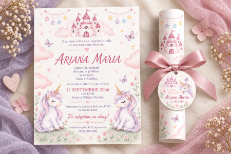 Invitatii botez - Invitatie de botez tip pergament cu unicorni si castel