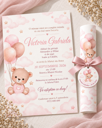 Invitatii botez - Invitatie de botez tip pergament cu ursulet si baloane roz