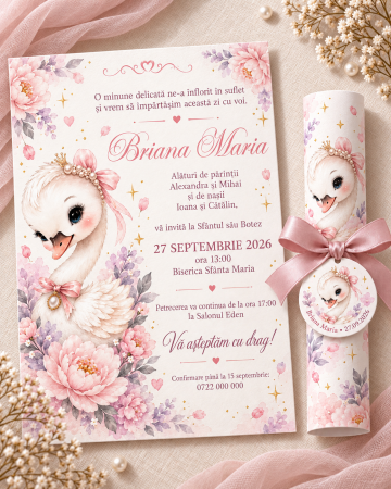 Invitatii botez - Invitatie de botez tip pergament cu lebada si flori roz