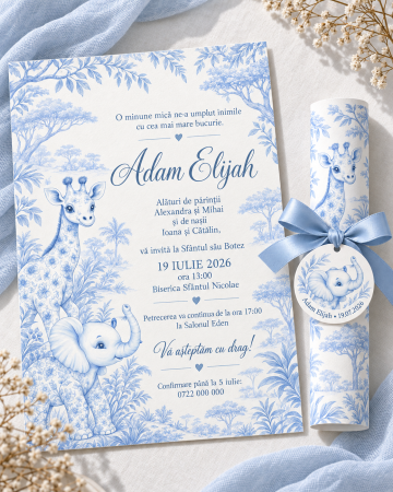 Invitatii botez - Invitatie de botez tip pergament cu girafa si elefant