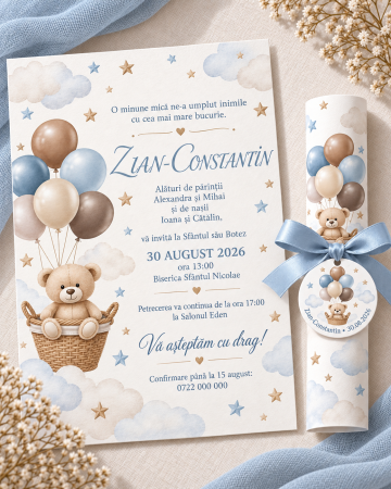 Invitatii botez - Invitatie de botez tip pergament cu ursulet si baloane bleu