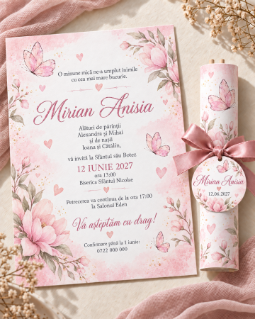 Invitatii botez - Invitatie de botez tip pergament cu fluturi si flori roz