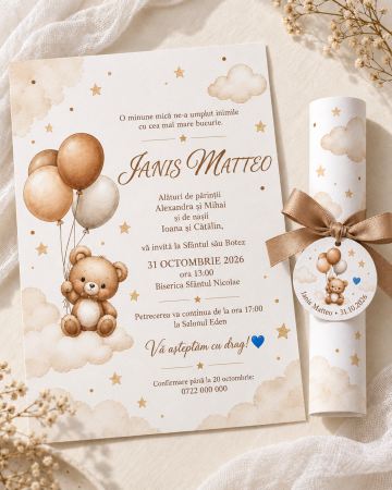 Invitatii botez - Invitatie de botez tip pergament cu ursulet si baloane bej