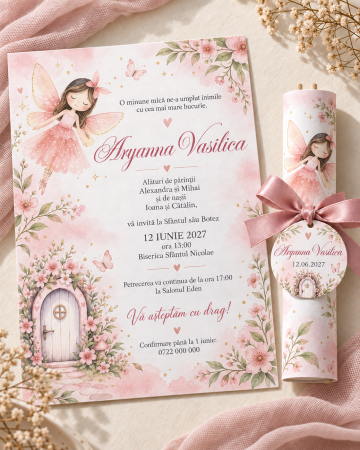 Invitatii botez - Invitatie de botez tip pergament cu zana si flori roz