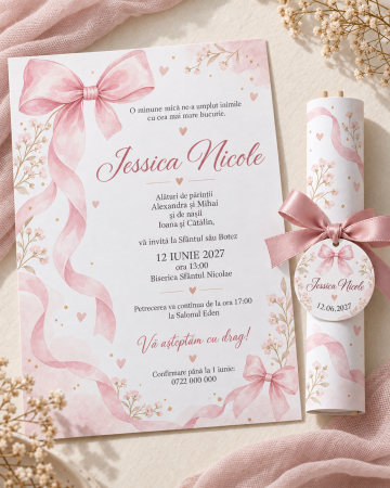 Invitatii botez - Invitatie de botez tip pergament cu fundite roz