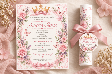Invitatii botez - Invitatie de botez tip pergament cu printesa, coronita si flori roz