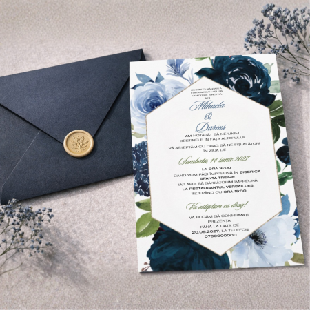 Invitatii nunta - Invitatie de nunta A6 cu plic negru si sigiliu auriu