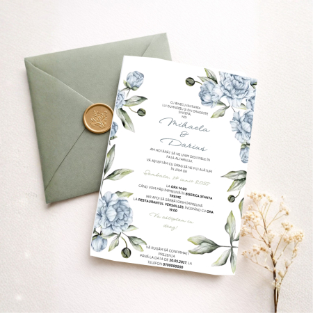 Invitatii nunta - Invitatie de nunta A6 cu plic verde sage si sigiliu auriu