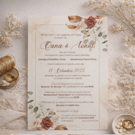 Invitatii nunta - Invitatie nunta A6 cu jacheta caramizie, snur auriu si flori uscate