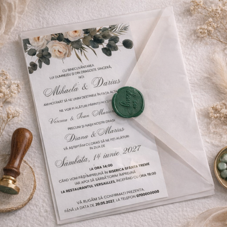 Invitatii nunta - Invitatie de nunta cu plic de calc si sigiliu verde
