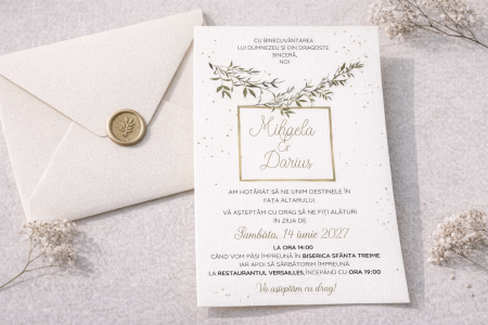 Invitatii nunta - Invitație nuntă elegantă A6 cu plic crem și sigiliu auriu