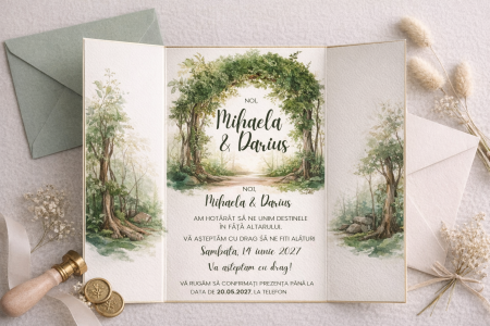 Invitatii nunta - Invitație nuntă gatefold A6 elegantă cu suport auriu