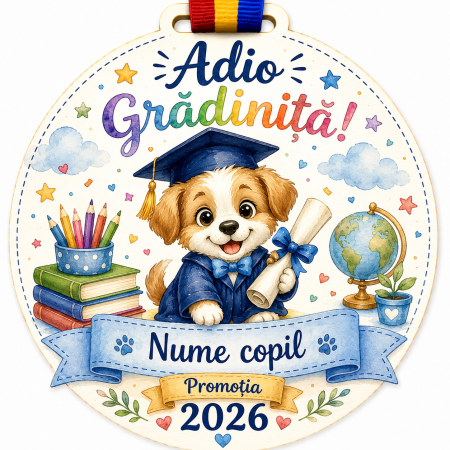 Cadouri absolvire - Medalie personalizata din lemn Absolvent gradinita catel