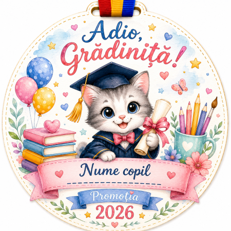 Cadouri absolvire - Medalie personalizata din lemn Absolvent gradinita pisicuta