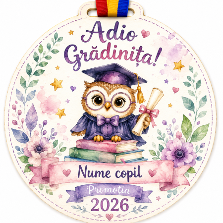 Cadouri absolvire - Medalie personalizata din lemn Absolvent gradinita bufnita