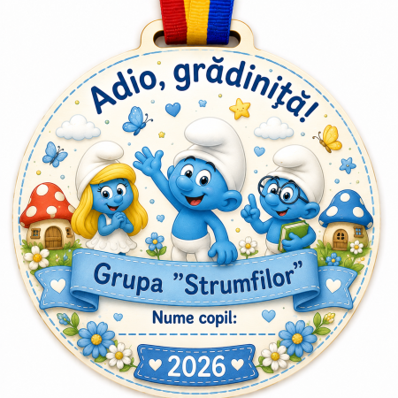 Cadouri absolvire - Medalie personalizata din lemn Grupa Strumfilor