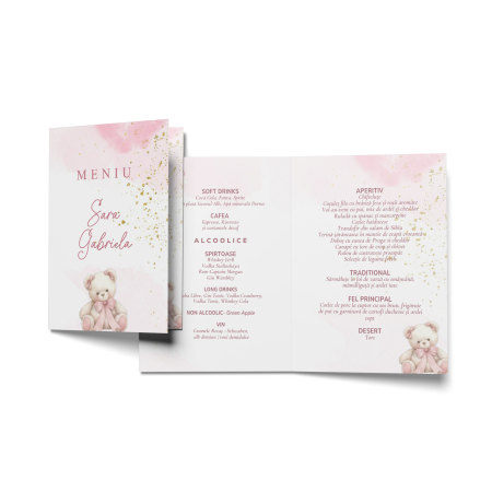 Meniuri de botez - Meniu personalizat de botez Pink Bear Dust