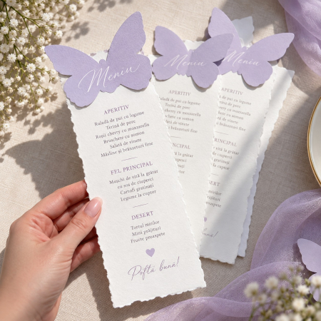 Articole nunta personalizata - Meniu Purple Butterfly pentru nunta si botez