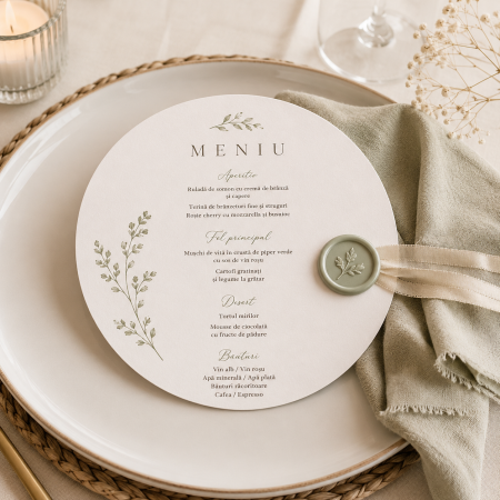 Meniuri Personalizate - Meniu personalizat de nunta rotund Botanical Sage
