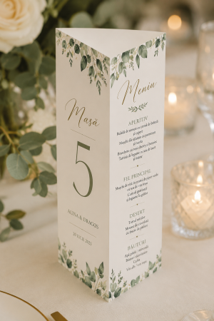 Meniuri Personalizate - Meniu personalizat de nunta triunghiular Greenery
