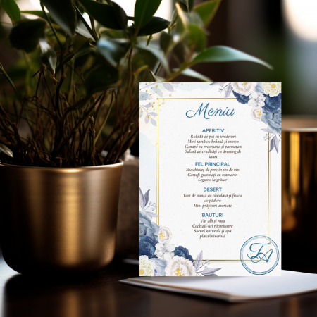 Meniuri Personalizate - Meniu personalizat de nunta Blue Flowers