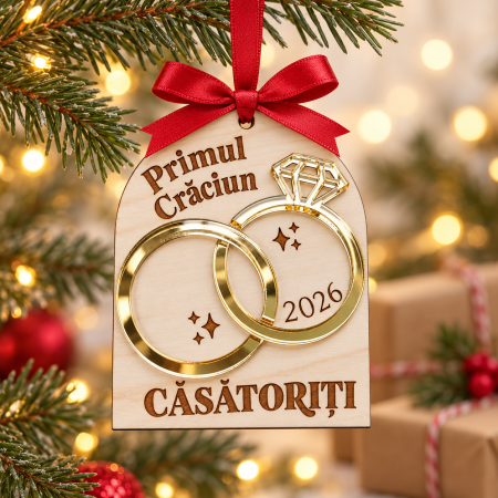 Globuri Personalizate  - Ornament Primul Craciun casatoriti, cu inele aurii