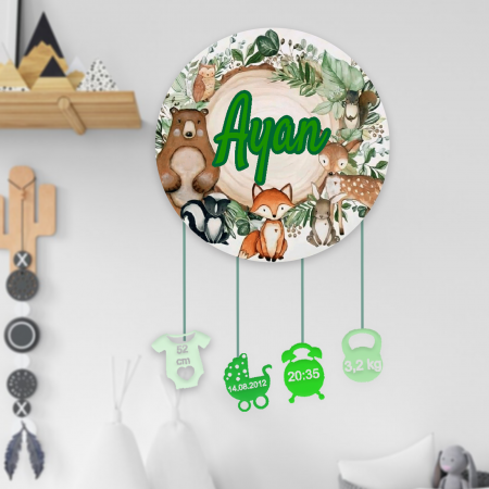 Articole pentru copii - Ornament rotund din lemn personalizat cu nume- Safari