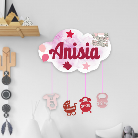 Articole pentru copii - Ornament norisor din lemn personalizat cu nume- Magic elephant