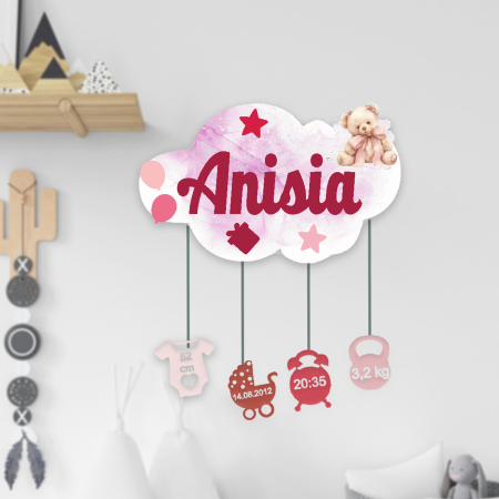 Articole pentru copii - Ornament norisor din lemn personalizat cu nume Fluffy Bear Charm