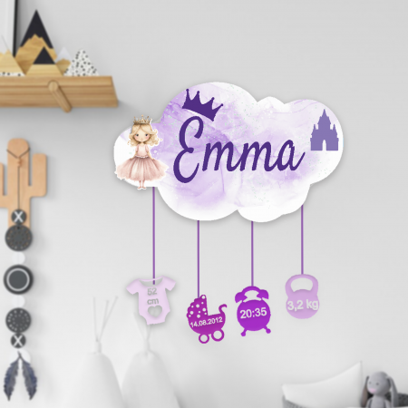 Articole pentru copii - Ornament norisor din lemn personalizat cu nume- Princess