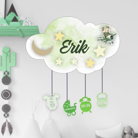 Articole pentru copii - Ornament norisor din lemn personalizat cu nume Green Bear