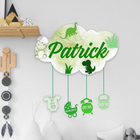 Articole pentru copii - Ornament norisor din lemn personalizat cu nume- Dinozaur