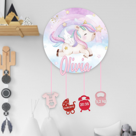 Articole pentru copii - Ornament rotund din lemn personalizat cu nume-Unicorn