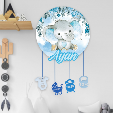 Articole pentru copii - Ornament rotund din lemn personalizat cu nume-Elefant