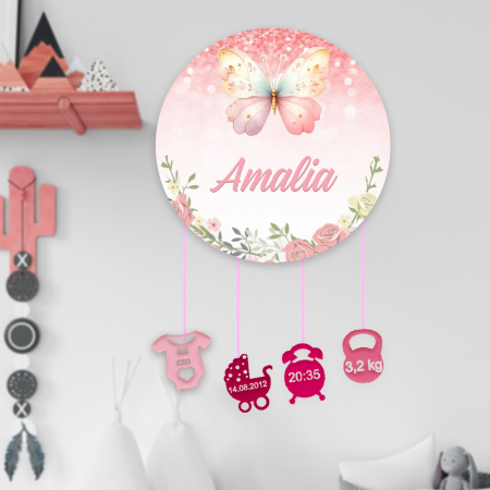 Articole pentru copii - Ornament rotund din lemn personalizat Butterfly Dream Glow