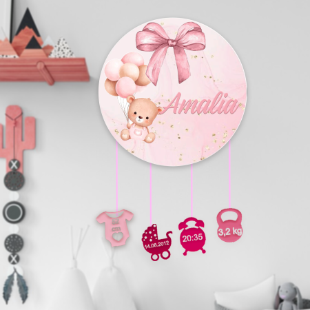 Articole pentru copii - Ornament rotund din lemn personalizat Rose Cloud Light
