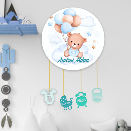 Articole pentru copii - Ornament rotund din lemn personalizat Blue Bear Dream
