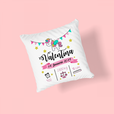 Perne personalizate - Perna personalizata cu nume si datele nasterii Unicorn